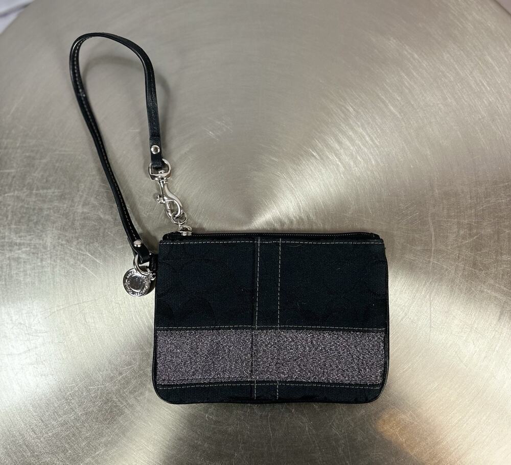 Vtg Coach Signature Black Jacquard Wristlet Metallic Silver Stripe Zip Pouch